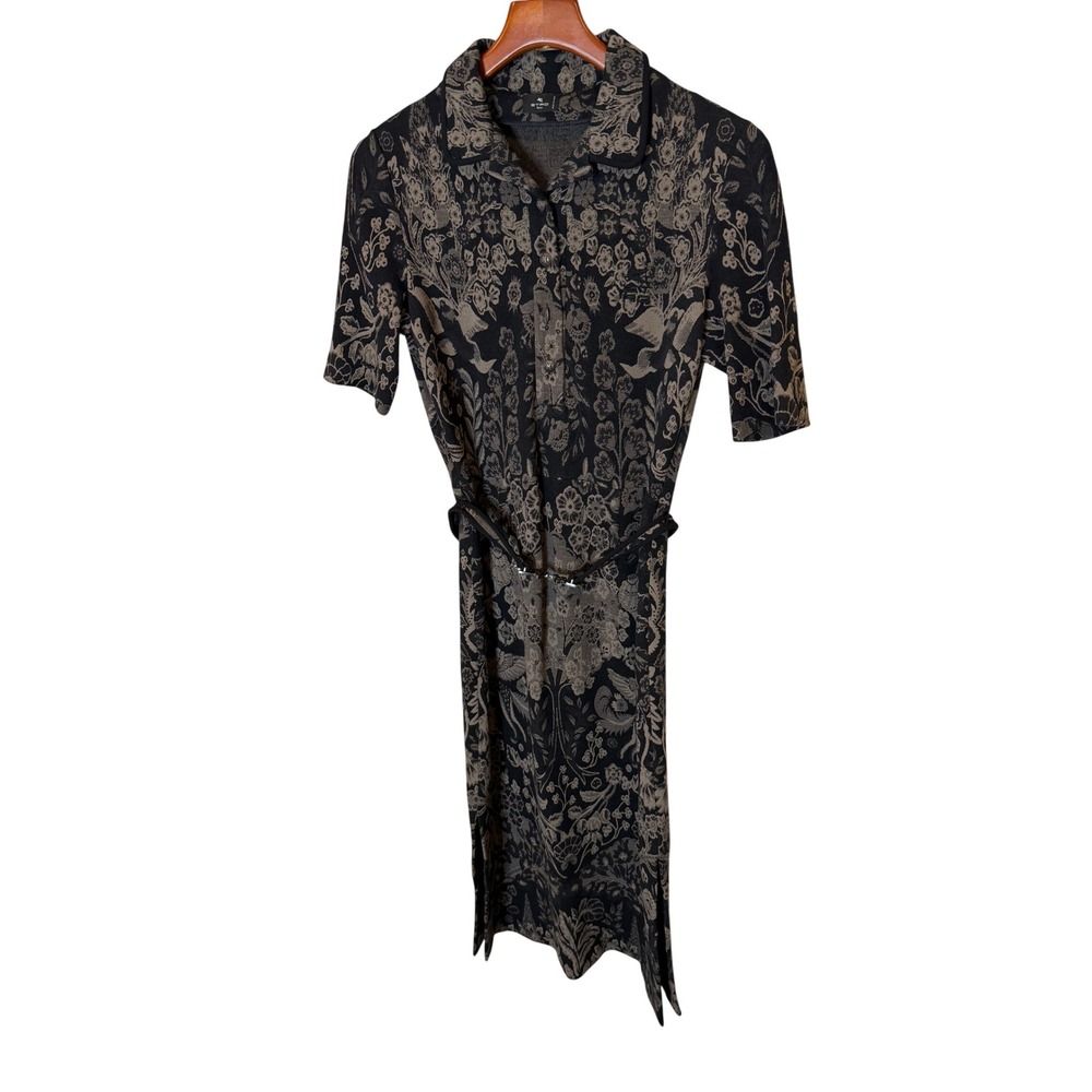 Etro Milano Black Floral Jacquard Knit Midi Dress Pegasus Belt IT 42 Made Italy